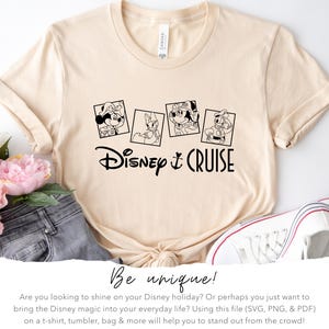 May include: A beige t-shirt with a black graphic of Mickey Mouse and friends on a Disney cruise. The text "Disney & CRUISE" is below the graphic.
