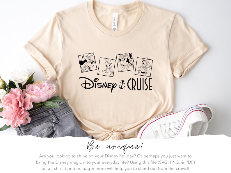 May include: A beige t-shirt with a black graphic of Mickey Mouse and friends on a Disney cruise. The text "Disney & CRUISE" is below the graphic.