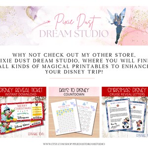 May include: The image features a banner with the text "Pixie Dust DREAM STUDIO" and a Tinkerbell graphic. Below, it showcases Disney-themed printables, including a reveal ticket, a countdown, and cruise reveal letters. The website address is also visible.