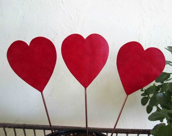 Red Heart Garden Stakes Recycled Metal Yard Decor Set of Three 12" Metal Stakes Valentines Day Anniversary  READY TO SHIP