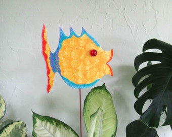 Fish garden stake recycled metal art 21 inch whimsical funky yellow blue turquoise yard decor ready to ship