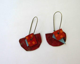 Whimsical Red Recycled Tin Earrings: Lightweight Brass Wire