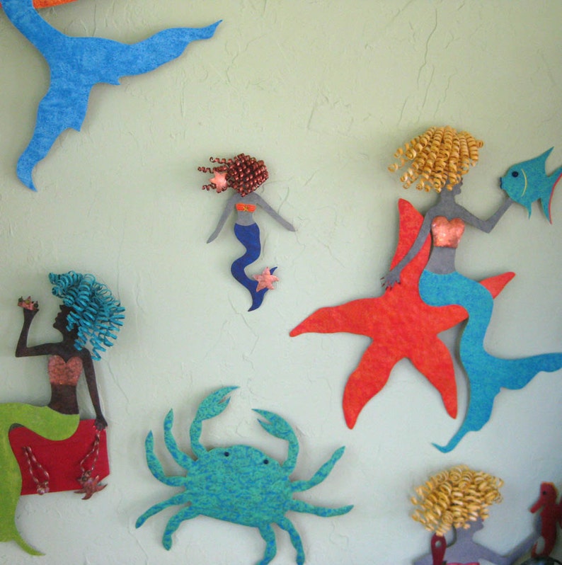 Mermaid Art Metal Wall Sculpture Redhead Mermaid Bright Blue Bathroom