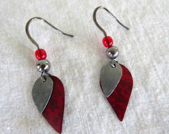 Drop Earrings Recycled Metal Silver Wire Handmade Red READY TO SHIP