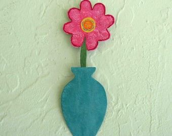 Floral Metal Wall Art Flower Recycled Metal Mini Flower Vase Pink Teal Mom Gift Wall Hanging Colorful Flowers 3 x 9 READY TO SHIP
