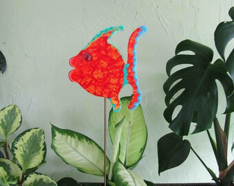 Fish garden stake recycled metal art 21 inch whimsical funky orange blue outdoor yard art mom gift READY TO SHIP