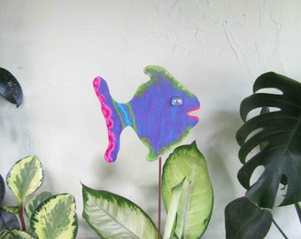 Fish garden stake recycled metal art 21 inch whimsical funky purple pink yard decor handmade ready to ship