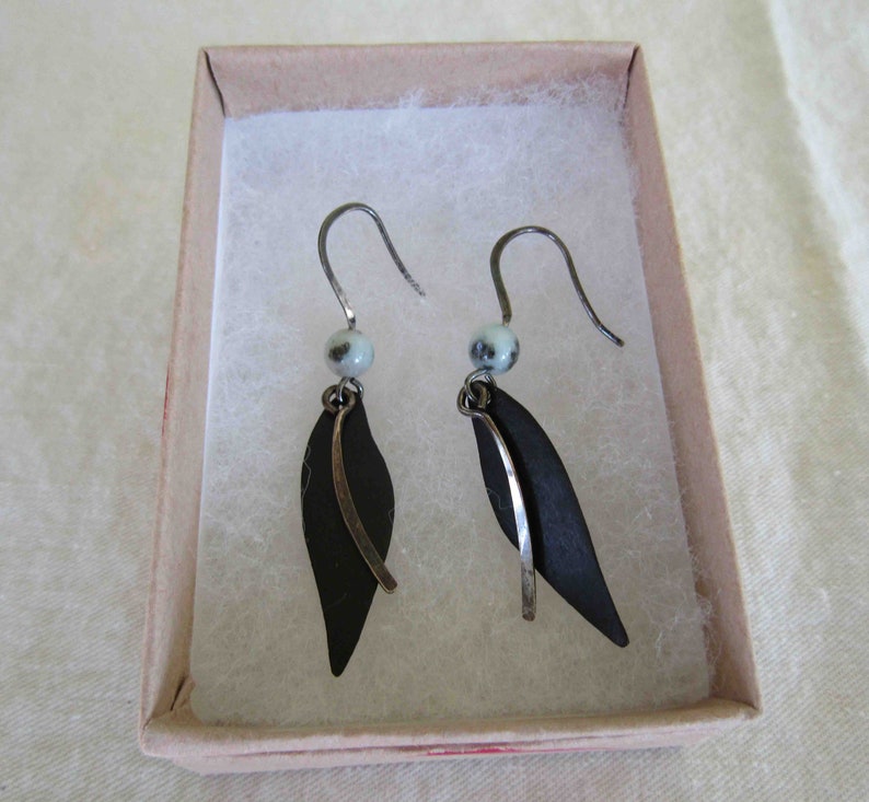Black and Silver Drop Dangle Earrings Boho Recycled Metal Homemade Hammered Silver READY TO SHIP image 3