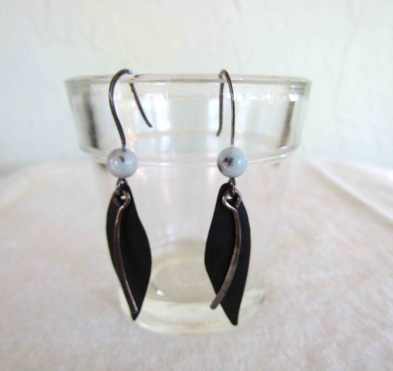 Black and Silver Drop Dangle Earrings Boho Recycled Metal Homemade Hammered Silver READY TO SHIP image 6
