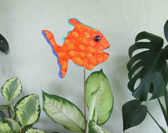 Fish garden stake recycled metal art 21 inch whimsical funky orange blue yard decor READY TO SHIP