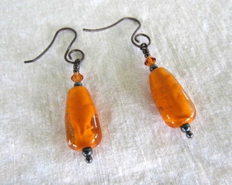 Drop Dangle Flame Work Glass Orange Earrings