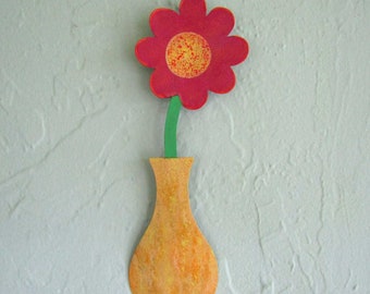 Floral Decor Metal Art Wall Sculpture - Flower Vase Recycled Metal Bathroom Kitchen  3 x 9  orange yellow READY TO SHIP