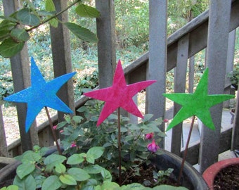 STAR GARDEN STAKES  Colorful trio of three shimmery metal stakes for flower pot indoors or out 4" by 12" blue, pink, green