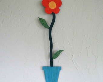 Flower Pot Art Original Whimsical flower garden wall decor kitchen bathroom orange blue green 4 x 17 READY TO SHIP