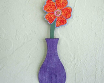 Flower Art Metal Wall Art Flower Upcycled Metal Mini Flower Vase Red Purple Metal Art Sculpture Wall Hanging 3 x 9 READY TO SHIP