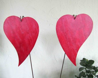 Garden Art Metal Stakes Red  Hearts Outdoor Yard Art Upcycled Metal Valentine Wedding Anniversary Mom Gift READY TO SHIP