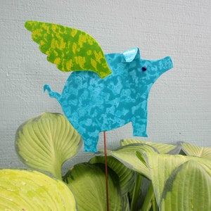 PIG ART Metal Garden Art Sculpture Flying Pig Stake Lime Green  Turquoise Outdoor Yard Art Recycled Metal When Pigs Fly