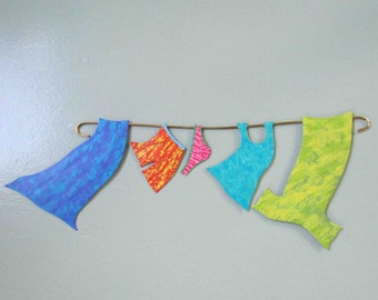 Metal Wall Art Clothesline  Mom Gift Laundry Room Art Recycled Metal Wall Sculpture Orange Lime Green Turquoise 7 x 20 ready to ship