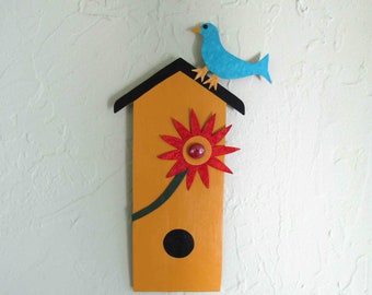 BIRD HOUSE ART Mom gift Metal Garden Stake/Wall Sculpture Red Yellow Orange Flower Folk Art Recycled Metal Wall Decor Ready to ship