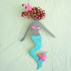 Mermaid Art metal Wall Sculpture Redhead Mermaid  Bright Blue Bathroom Decor Ocean Art Beach House Decor Copper 6 x 7 Ready to ship