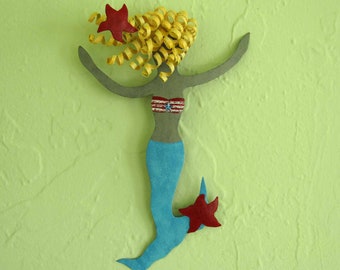 Mermaid Wall Art Recycled Metal Bathroom Nursery Wall Decor Beach House Coastal Turquoise Blonde 6 x 9 READY TO SHIP
