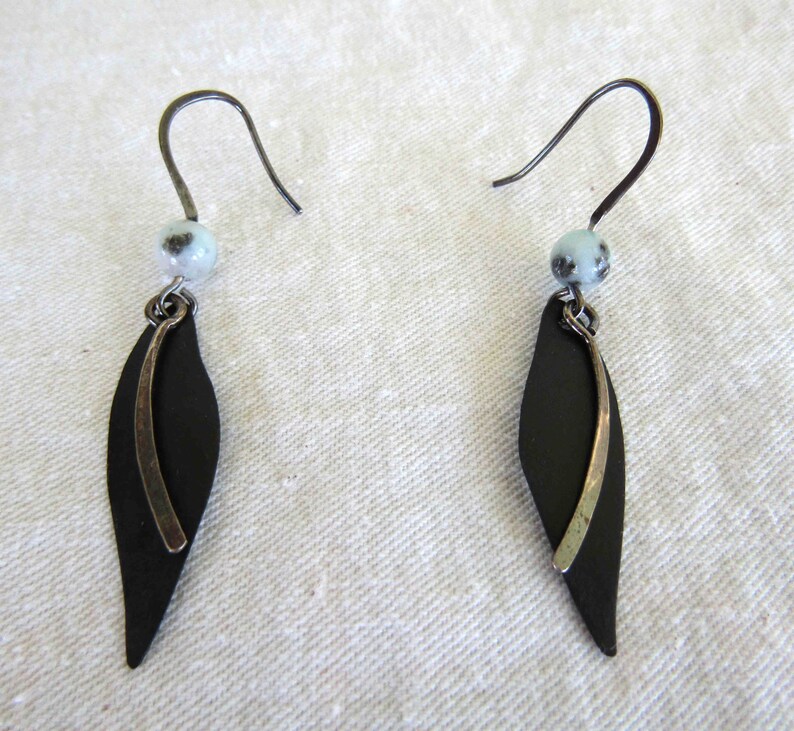 Black and Silver Drop Dangle Earrings Boho Recycled Metal Homemade Hammered Silver READY TO SHIP image 1