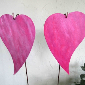 GARDEN ART Metal Stakes Pink Hearts Yard Decor Recycled Metal Valentine Wedding Anniversary Handmade ready to ship