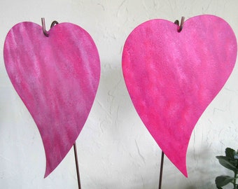 GARDEN ART Metal Stakes Pink Hearts Yard Decor Recycled Metal Valentine Wedding Anniversary Handmade ready to ship