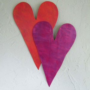 Valentines heart metal wall art sculpture heart duo upcycled metal wall decor magenta orange wedding anniversary love READY TO SHIP