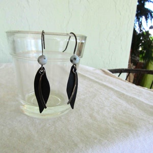 Black and Silver Drop Dangle Earrings Boho Recycled Metal Homemade Hammered Silver READY TO SHIP image 2