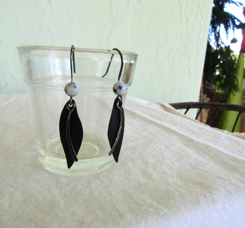 Black and Silver Drop Dangle Earrings Boho Recycled Metal Homemade Hammered Silver READY TO SHIP image 2