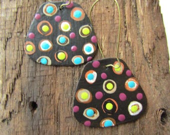 Reclaimed Tin Earrings Abstract Circles Brown Turquoise Chartreuse