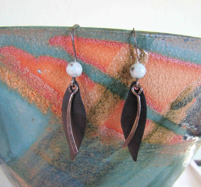 Black and Silver Drop Dangle Earrings Boho Recycled Metal Homemade Hammered Silver READY TO SHIP image 5
