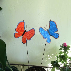 Butterfly Garden Stakes Blue Orange Recycled Metal Yard Art Set of Two 6 x 6 READY TO SHIP