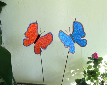 Butterfly Garden Stakes Blue Orange Recycled Metal Yard Art Set of Two 6 x 6 READY TO SHIP