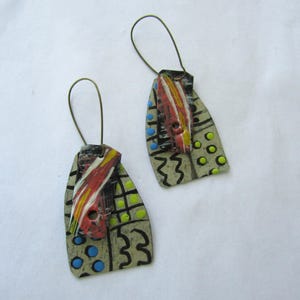 Vintage Tin Earrings  Scribble Dot Abstract Black Blue Chartreuse