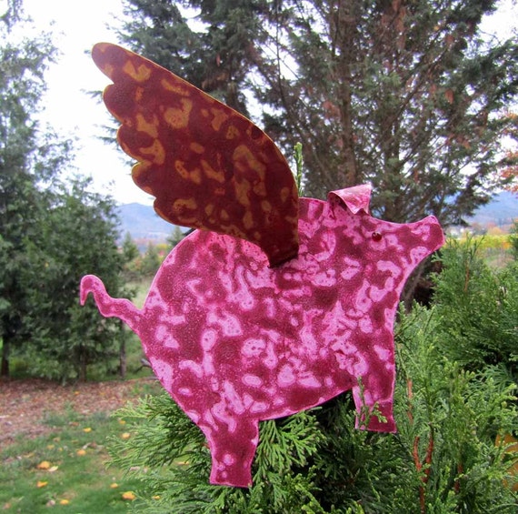 Sparkly Pink or any Color Flying Pig Handmade Metal Plant Yard Garden Stake