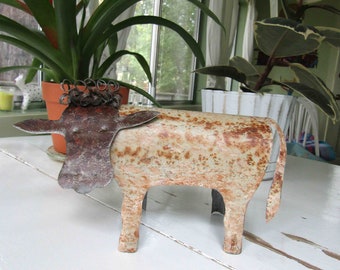 Rustic Cow Free Standing Table Top Recycled Metal Folk Art 6" x 10" Farm Sculpture READY TO SHIP