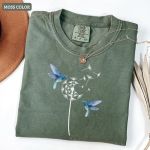 Cute Dandelion Hummingbird T-Shirt,Women&#39;s Nature Shirt,Garden Shirt,Herbal shirt,Boho Plant Shirt,Pressed Flowers Tee,Dandelion shirt
