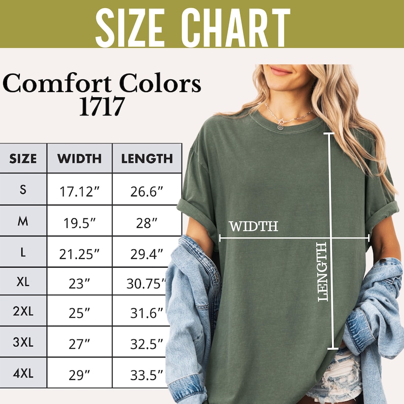 May include: Size chart for a t-shirt in sizes S to 4XL. The chart shows the width and length of the shirt in inches. The shirt is shown on a model wearing a green t-shirt.
