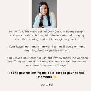 May include: Image features a smiling woman with dark hair and a white long-sleeved shirt. Text includes "Hi! I'm Yuli, the heart behind OrahGlow." and a message about creating designs with love and bringing warmth. The image ends with "Love, Yuli."