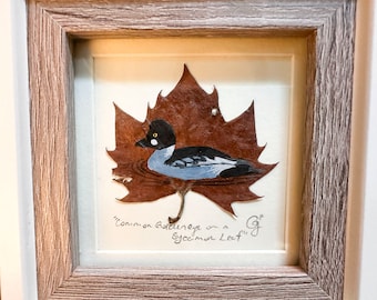 Mini Framed Common Goldeneye Painted on a Leaf