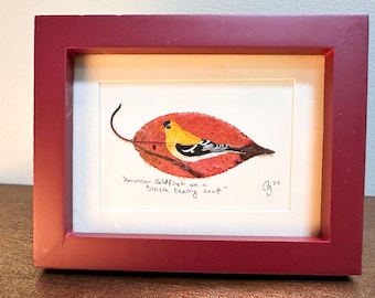 Mini Framed American Goldfinch Painted on a Leaf