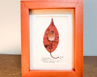 Mini Framed Northern Cardinal Painted on a Leaf