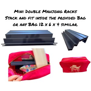 May include: Black mini double Mahjong racks. The racks stack and fit inside the provided bag or any bag 12 x 6 x 4 inches. A red bag is shown with the racks inside.