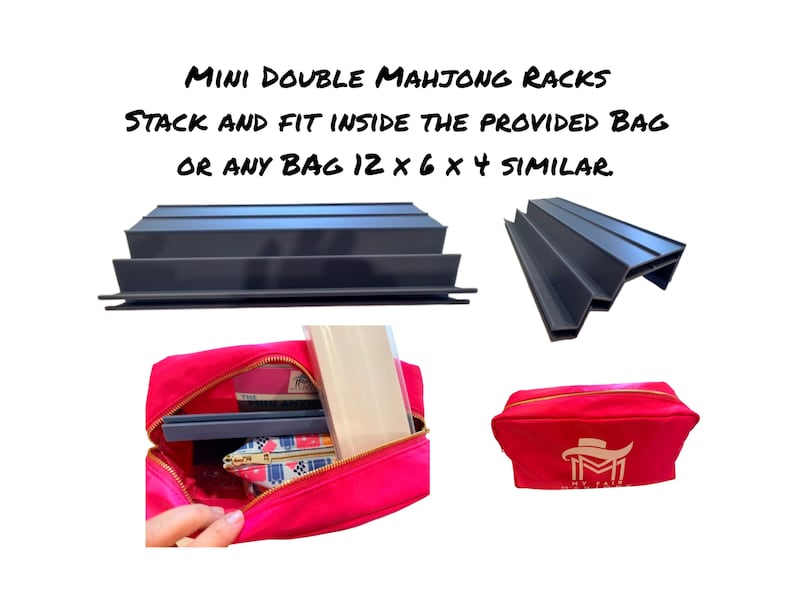 May include: Black mini double Mahjong racks. The racks stack and fit inside the provided bag or any bag 12 x 6 x 4 inches. A red bag is shown with the racks inside.