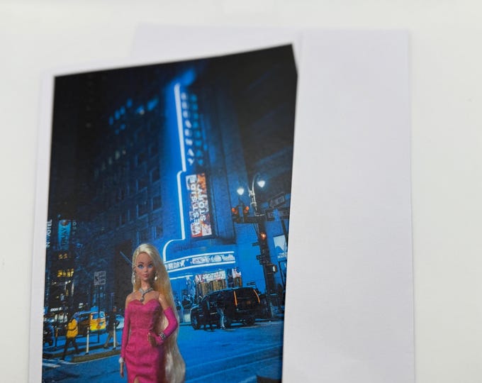 New Barbie in a Pink Premiere Dress at the Broadway Greeting Card 5" by 7" w/Envelope