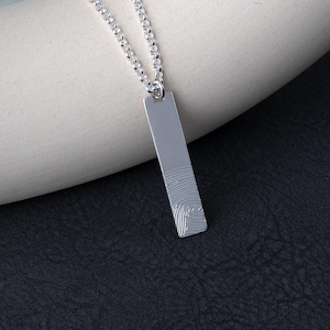 Personalized Bar Fingerprint Necklace • Custom Engraved Vertical Pendant • Memorial Jewelry Gift for Him • Fingerprint Keepsake Necklace