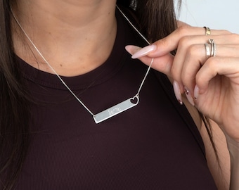 Hebrew Engraved Bar Heart Necklace • Personalized Name Pendant with Heart