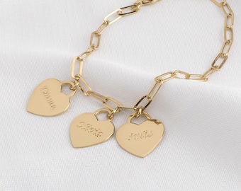 Personalized Heart Charm Bracelet: Engraved Kids Names, Family Jewelry Gift